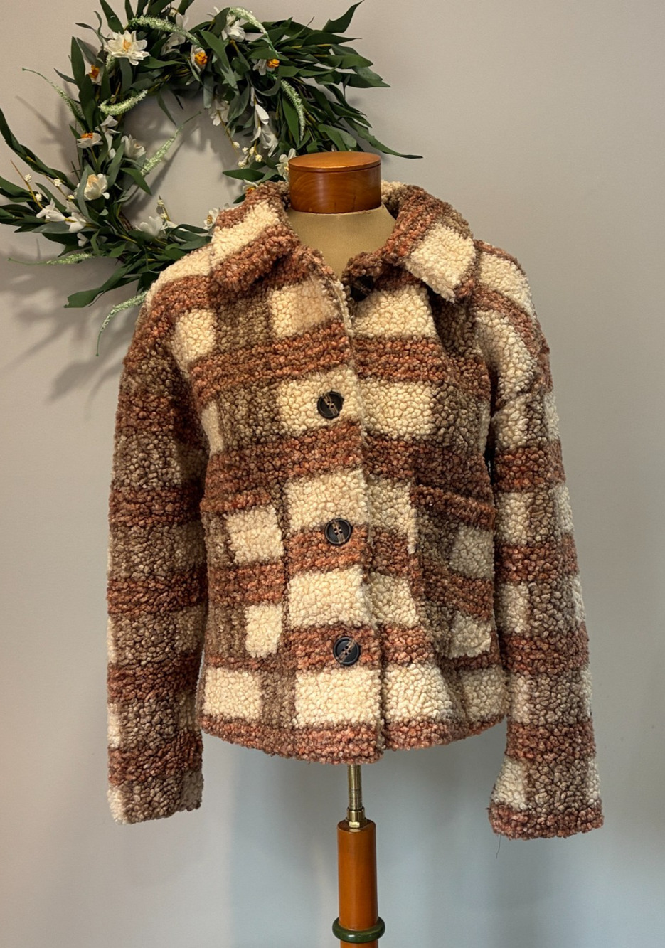 Stoosh Fluffy Plush Plaid Teddy Coat Jacket Button Down Pockets Collar, Size S